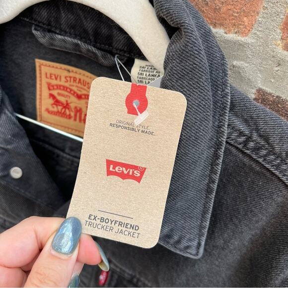 NEW Size XS Levis Ex Boyfriend Denim Hybrid Trucker Jean Jacket Washed Black - Picture 6 of 9